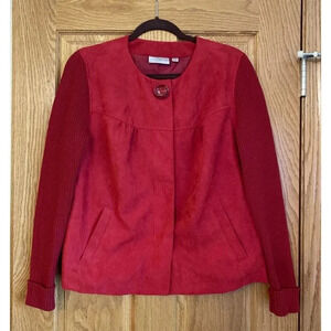 Studio Works Size 12 Red Faux Suede Jacket Knit Sleeves Magnet Closure